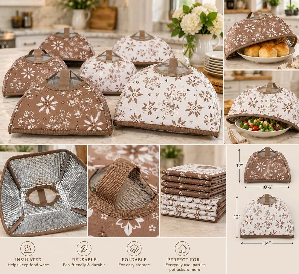 Insulated Plate Covers Set of 6 Floral Farmhouse Food Warmers Thermal